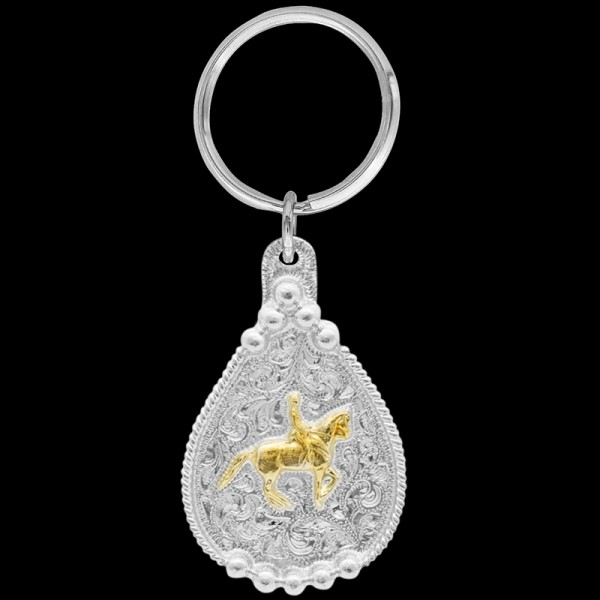Gold Dressage Rider, Dressage riders, appreciate your sport with this beautiful keychain.  Our Dressage Rider keychain includes a beautiful rope border, a gold 3D fig